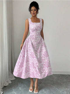 Printed Square Collar Dress Summer Slim Fit Slimming Floral Dress Women Wear