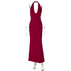 Slim Fit Solid Color Back Strap Design Sleeveless Long Sheath Halter Dress Women
