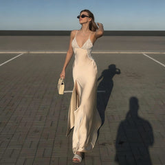 Spring Women Clothing Elegant Slim Fit V neck Brace Stitching Lace Split Sexy Hip Dress