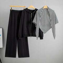 Fashionable Knitted Outer Shawl Three Piece Sets Women Autumn Winter Hooded Zip Cardigan Wide Leg Pants Triangular Binder