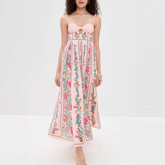Spring Summer Suspender Positioning Printing Dress Vacation Loose Linen Dress