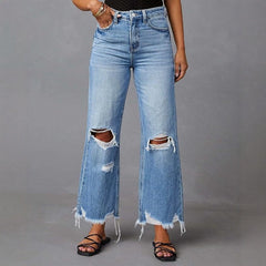 Ripped Tassel Washed Wide Leg Women Jeans