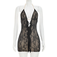 Women Clothing Summer Solid Color Sexy Hollow Out Cutout Out Backless Sleeveless Lace Mini Short Dress
