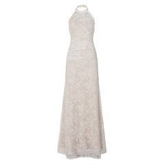 French Elegant Lace Stitching Ruffle Fitted Waist Backless Halter Dress Sexy Slim Vest Maxi Dress for Women