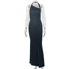 Low Waist Women Halter Diagonal Collar Bag Hip Dress Daily Hiking Backless Solid Color Maxi Dress