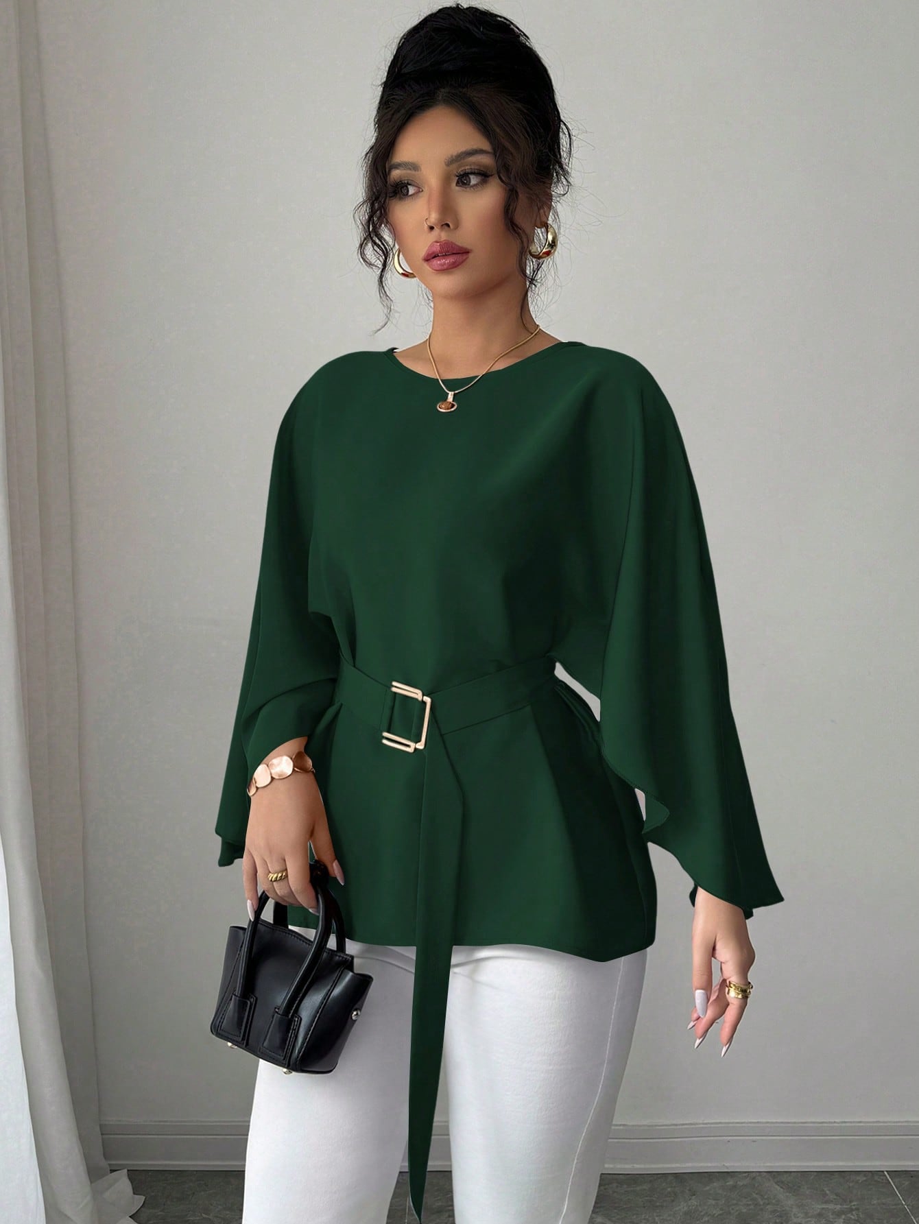 French Retro Trumpet Sleeve Round Neck Elegant Slimming Sense Design Top