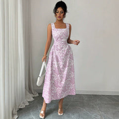 Printed Square Collar Dress Summer Slim Fit Slimming Floral Dress Women Wear