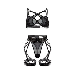 Women Sexy Underwear Push up Bras Mesh See through Sexy Lace up Metal Buckle Three Piece Set