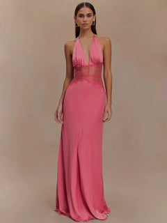 Mozision Summer Backless Sexy Maxi Dress Women Gown Patchwork Lace Halter Deep V Neck Sleeveless High Waist Elegant Long Dress