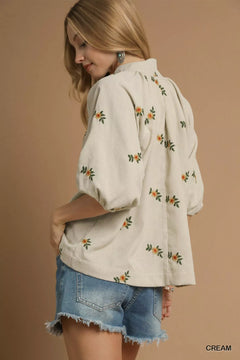 Umgee Corduroy Floral Embroidered Puff Sleeve Blouse